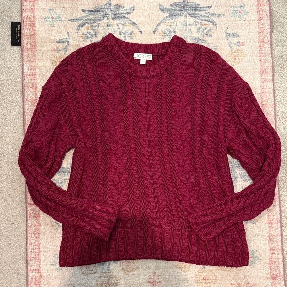 J. Crew Cable Knit Crewneck cotton sweater in vivid mulberry